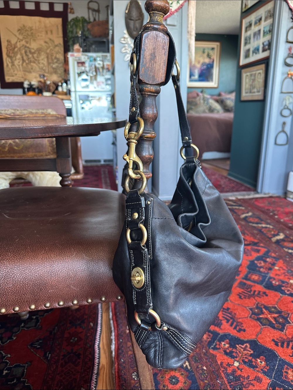 Coach CARLY Black Leather Hobo with lots of cool Brass Hardware. Elegant luxury - Picture 3 of 16